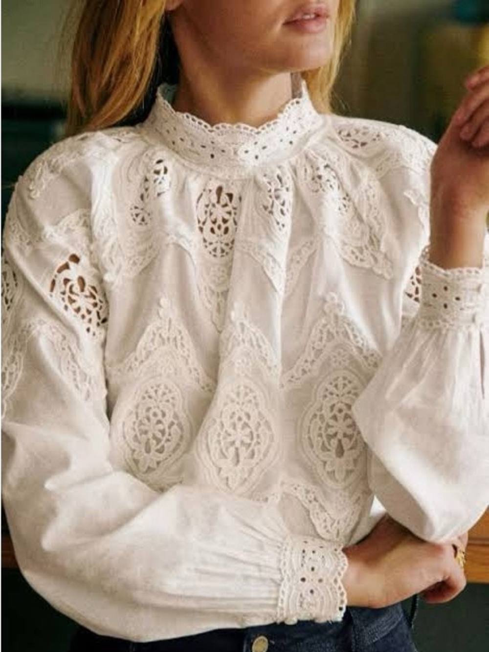 Sezane White Lace High-Neck Blouse